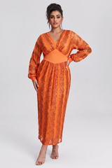 Curveins Plus Size V-Neck Sequin Balloon Sleeve Back-Slit Elegant Evening Maxi Dress