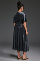 Curveins Plus Size V-Neck Batwing Sleeve Pleated A-Line Velvet Maxi Dress