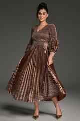 Curveins Plus Size V-Neck Long Sleeve Waist Tie Pleated Maxi Dress