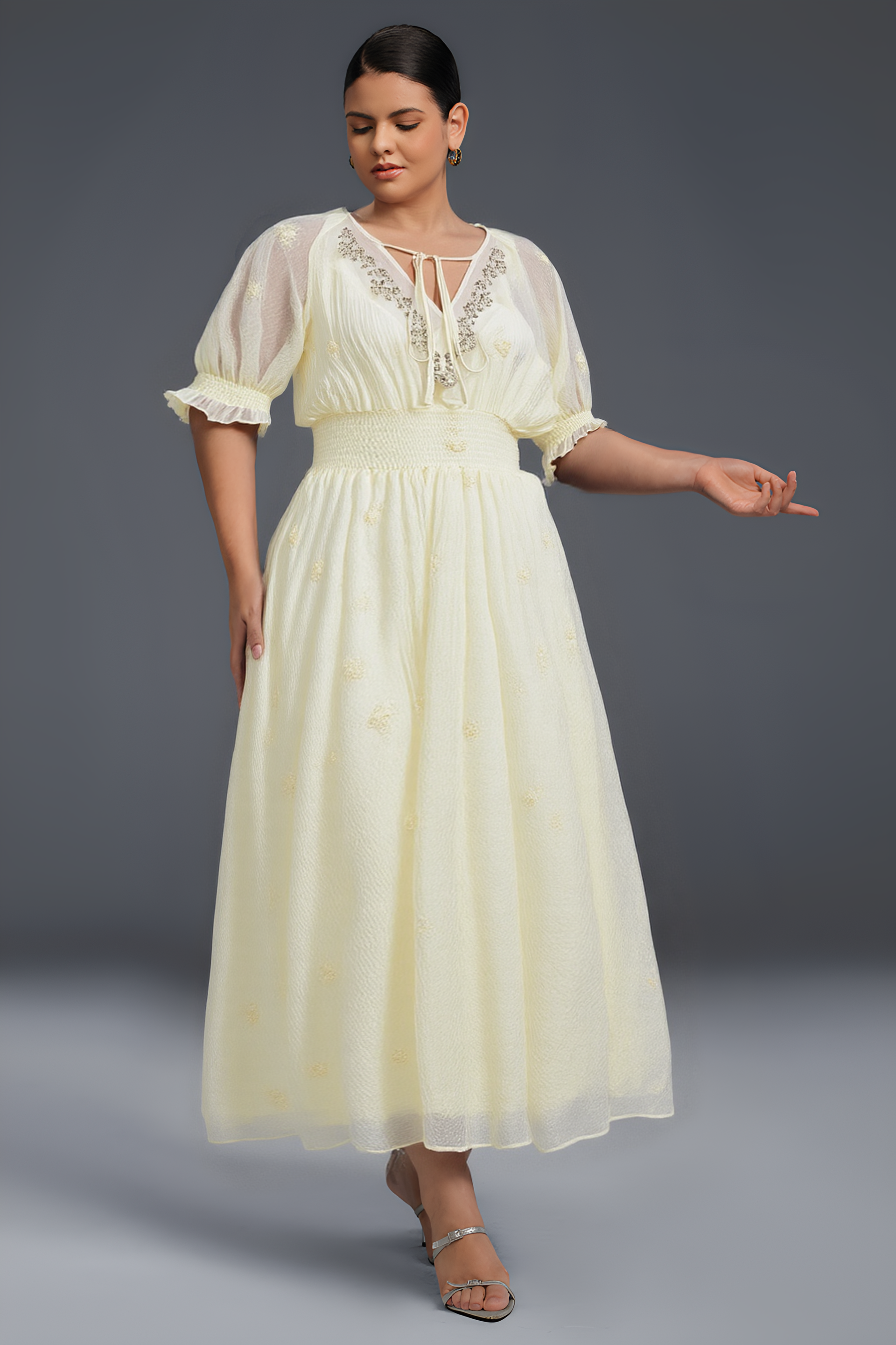 Curveins Plus Size V-Neck Embroidered Ruffle Hem Dress
