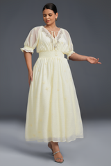 Curveins Plus Size V-Neck Embroidered Ruffle Hem Dress