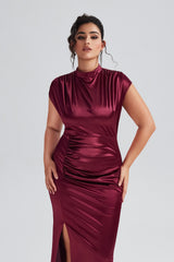 Curveins Plus Size Satin High-Waisted Ruched Slit Maxi Dress