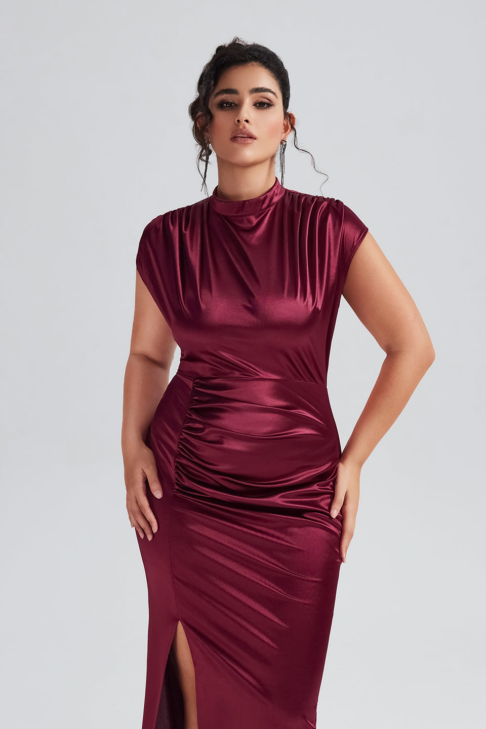 CURVEINS Plus Size Women Elegance High Waisted Ruched Satin Gown 18-20/2X / Blue