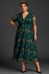 Curveins Plus Size V-Neck Ruffle Sleeve Embroidered Maxi Dress