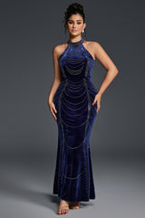 Curveins Plus Size Spaghetti Strap Sleeveless Chain Waist Bodycon Velvet Maxi Dress