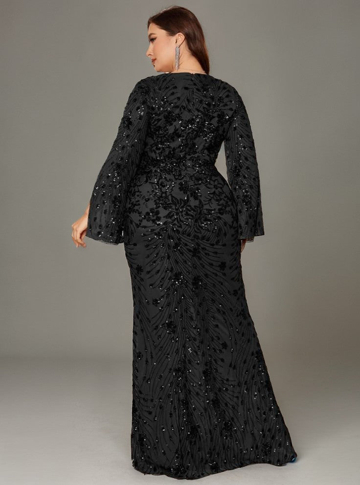 Curveins Plus Size V-Neck Long Sleeves Sequin Floral Bodycon Maxi Dress