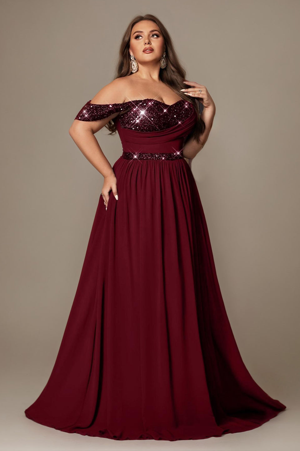 Curveins Plus Size Asymmetric One-Shoulder Sequin Side-Slit Maxi Dress