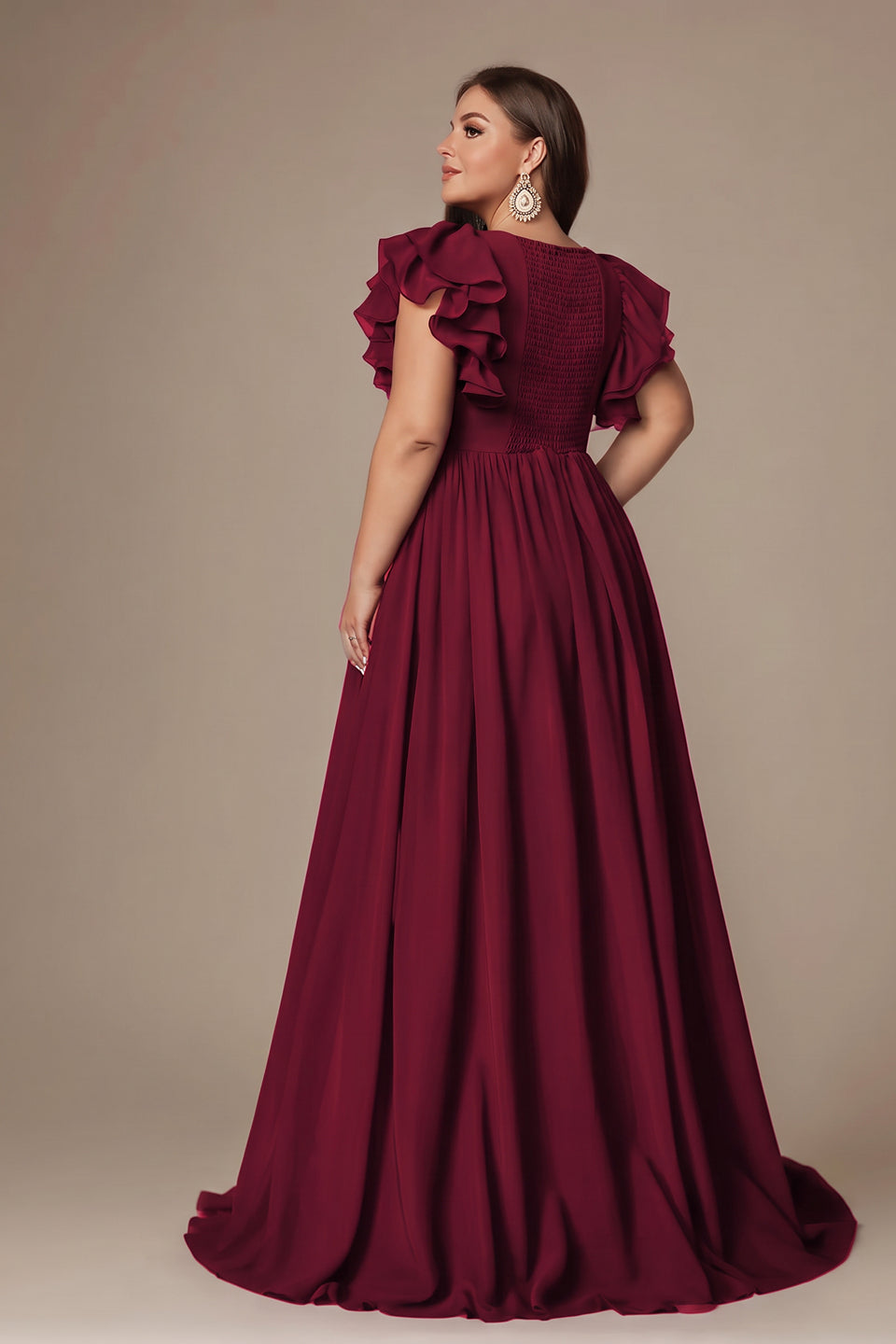 Curveins Plus Size V-Neck Ruffle Sleeve Split A-Line Maxi Dress