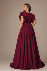 Curveins Plus Size V-Neck Ruffle Sleeve Split A-Line Maxi Dress