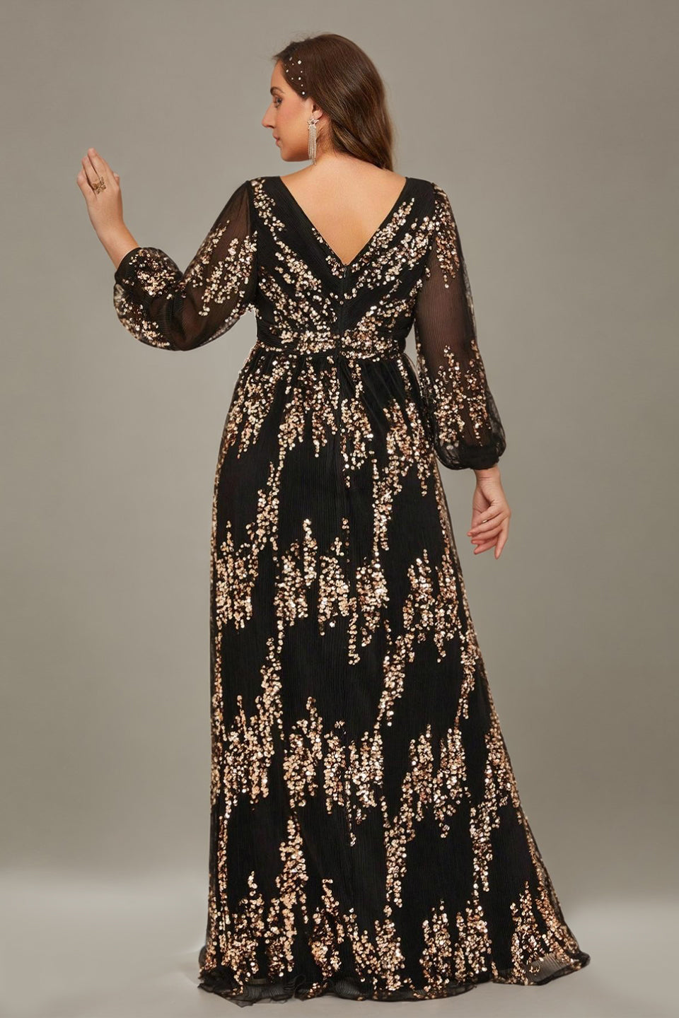 Curveins Plus Size Sequin V-Neck Lantern Sleeve Formal Party Maxi Dress
