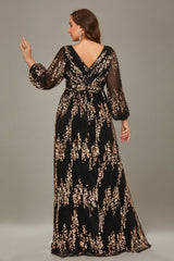 Curveins Plus Size Sequin V-Neck Lantern Sleeve Formal Party Maxi Dress