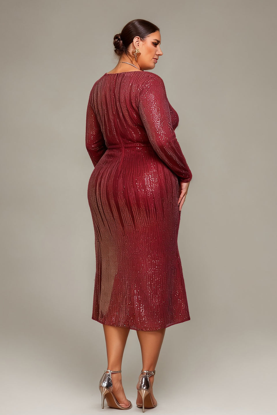 Curveins Plus Size V-Neck Long Sleeve Sequin Bodycon Midi Dress