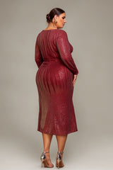 Curveins Plus Size V-Neck Long Sleeve Sequin Bodycon Midi Dress