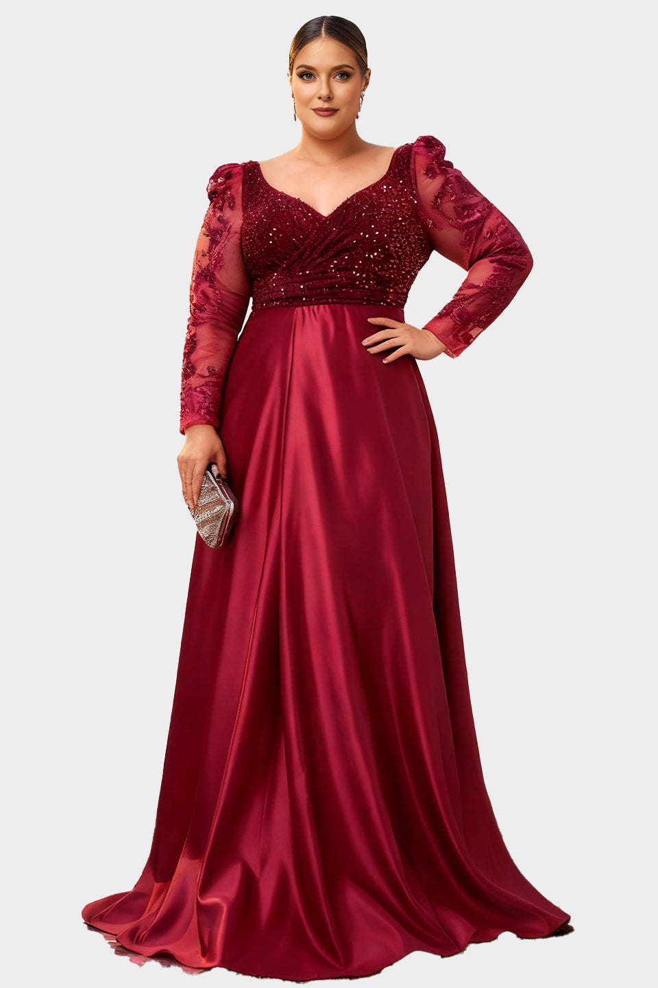 Curveins Plus Size V-Neck Long Sleeve Patterned Sequin Panel Maxi Dress