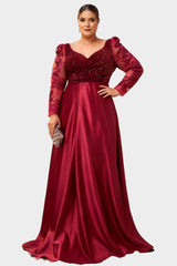 Curveins Plus Size V-Neck Long Sleeve Patterned Sequin Panel Maxi Dress