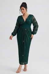 Curveins Plus Size V-Neck Sequin Balloon Sleeve Back-Slit Elegant Evening Maxi Dress