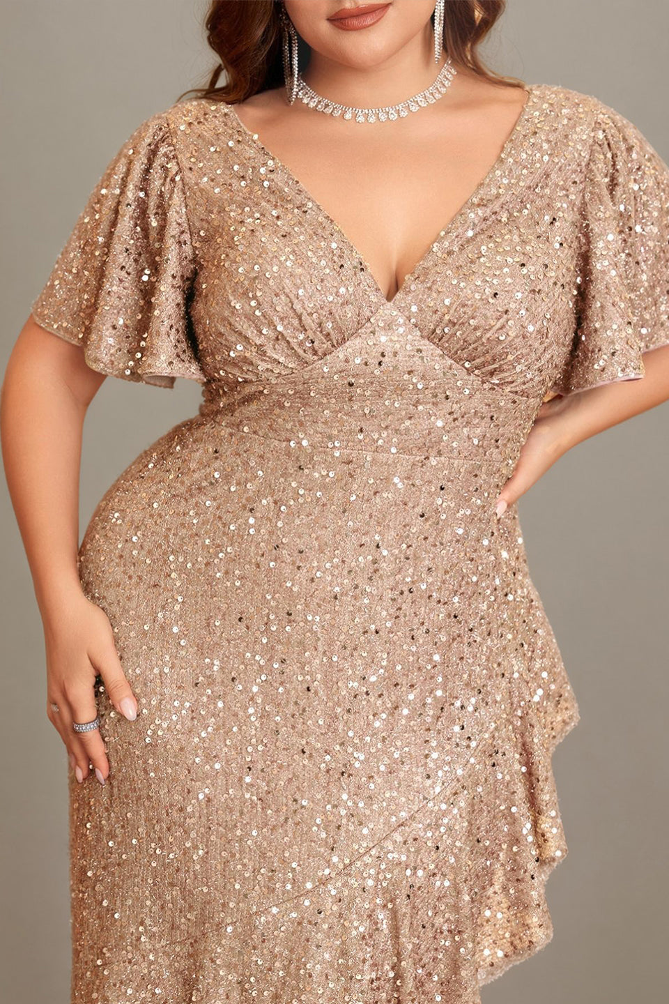 Curveins Plus Size V-Neck Short Sleeve Sequin Ruffle Slit Evening Gown