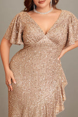 Curveins Plus Size V-Neck Short Sleeve Sequin Ruffle Slit Evening Gown