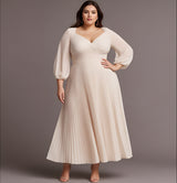 Curveins Plus Size Graceful V-Neck Long Sleeve Pleated Maxi Dress