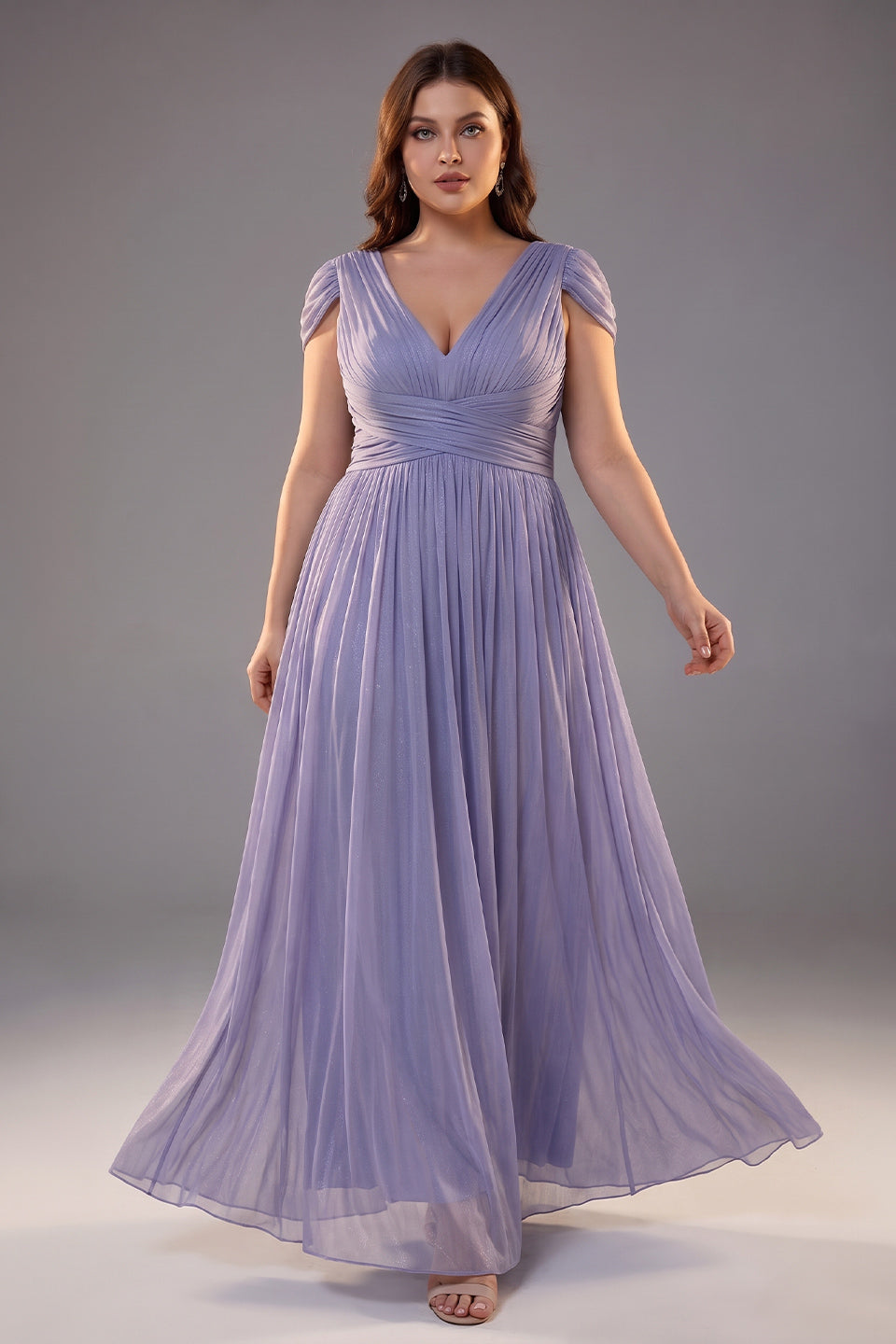 Curveins Plus Size V Neck Short Sleeve Cinched Waist Elegant Maxi Dress