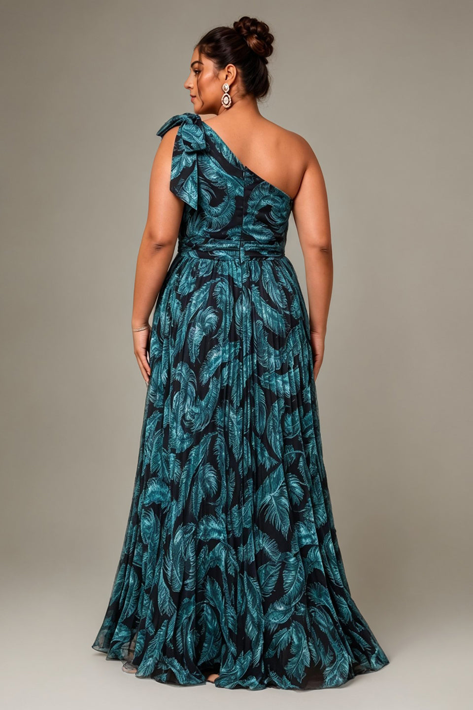 Curveins Plus Size Elegant Striped One Shoulder Cinched Waist Flowy Maxi Dress