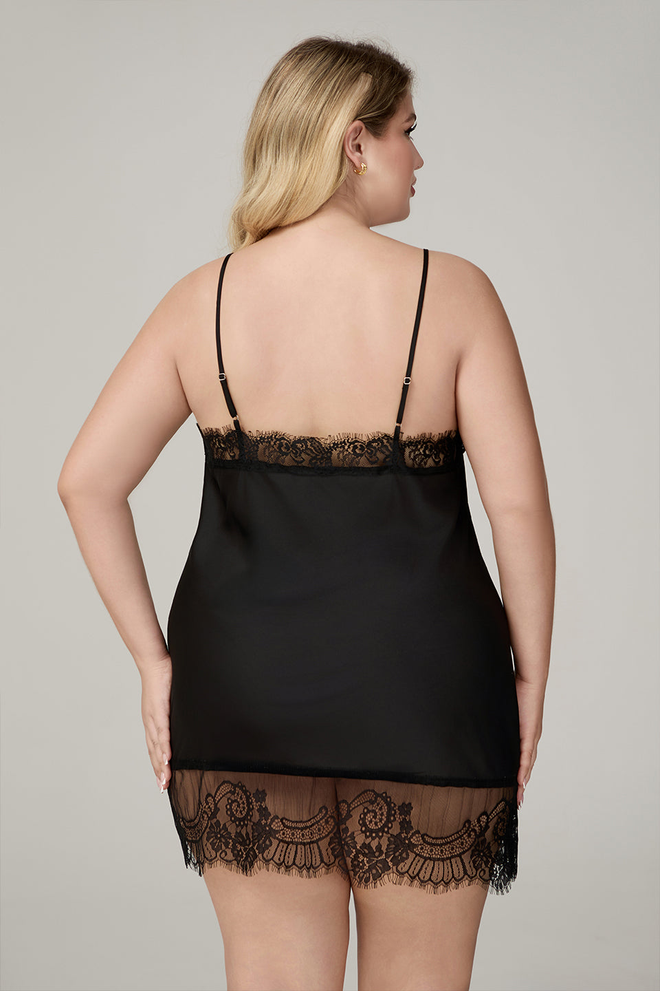 Curveins Plus Size Satin Chiffon Lace V Neck Spaghetti Strap Sexy Sleep Dress Nightgown