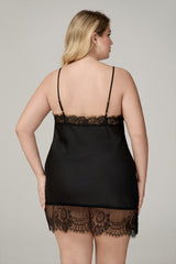 Curveins Plus Size Satin Chiffon Lace V Neck Spaghetti Strap Sexy Sleep Dress Nightgown