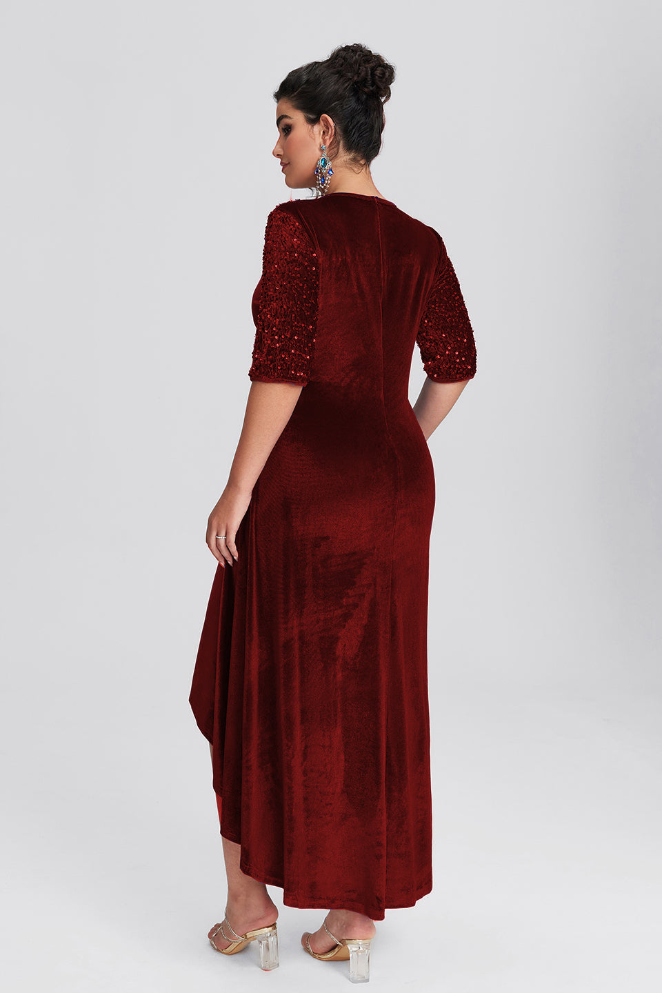 Curveins Plus Size Asymmetric Hem Velvet Maxi Dress With Sequin