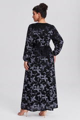 Curveins Plus Size V Neck Long Sleeve Maple Leaf Velvet Waist Tie Maxi Dress