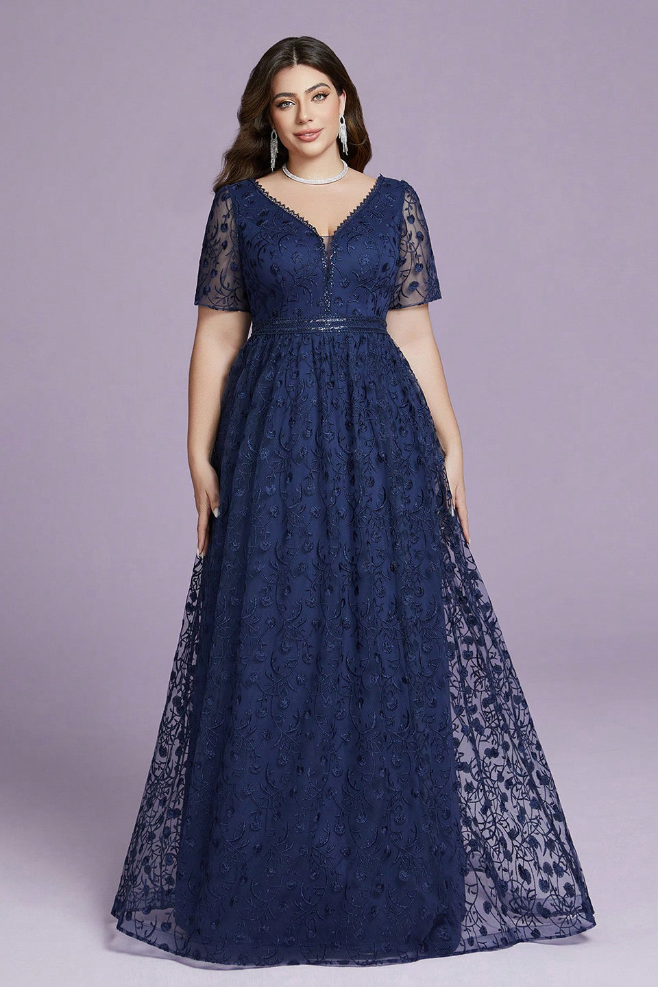 Curveins Plus Size Elegant V-Neck Embroidered Short-Sleeve Slimming Maxi Dress