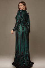Curveins Elegant Plus Size V-Neck Floral Long Sleeve Sequin Bodycon Dress