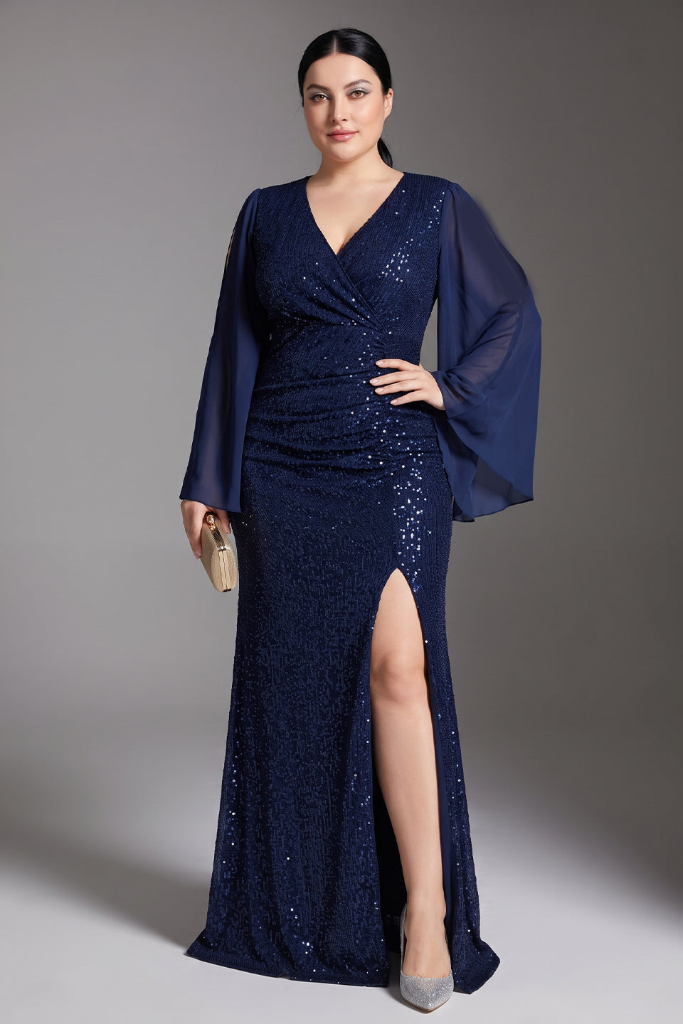 Curveins Plus Size V Neck Long Sleeve Sequin Bodycon High Slit Elegant Maxi Dress