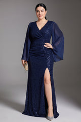 Curveins Plus Size V Neck Long Sleeve Sequin Bodycon High Slit Elegant Maxi Dress