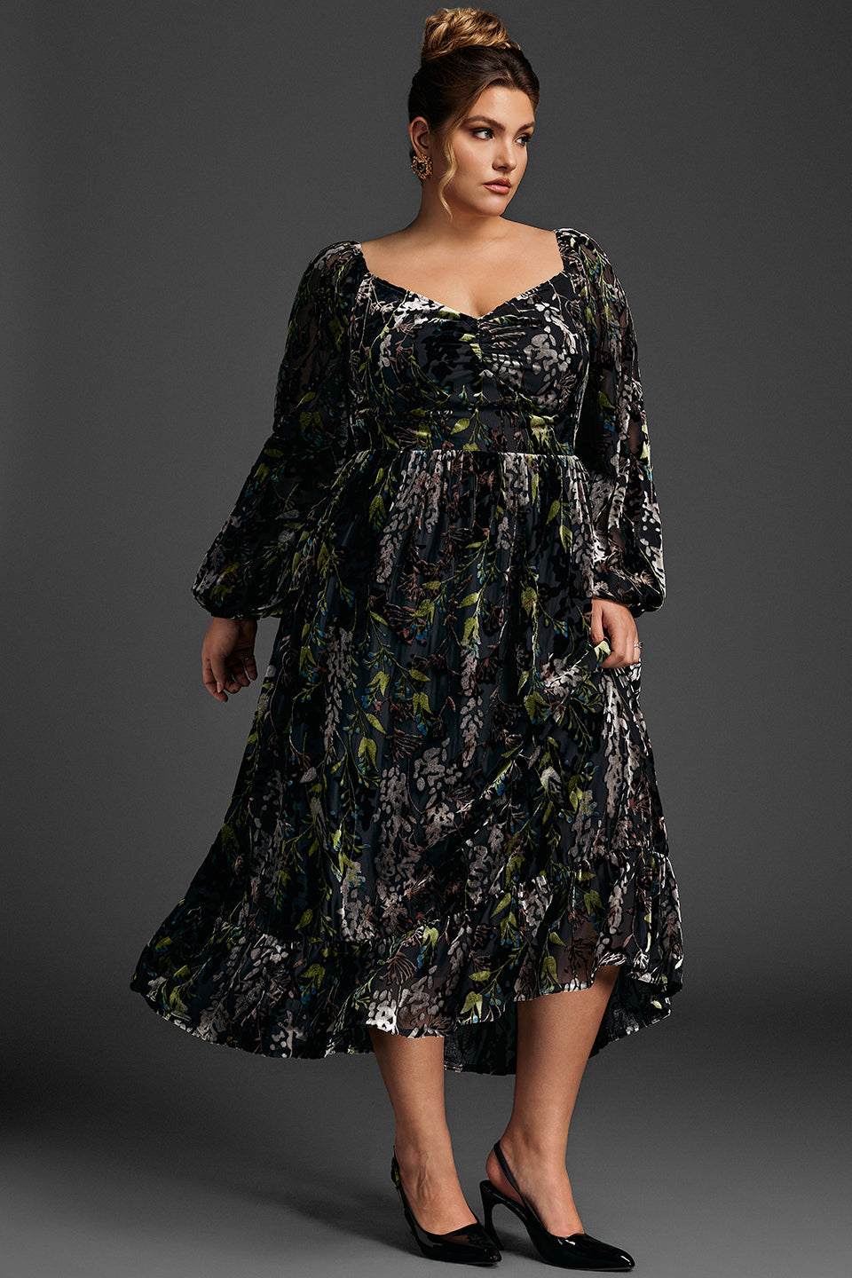 Curveins Plus Size Velvet Draped Collar Embroidered Ruched Long Dress