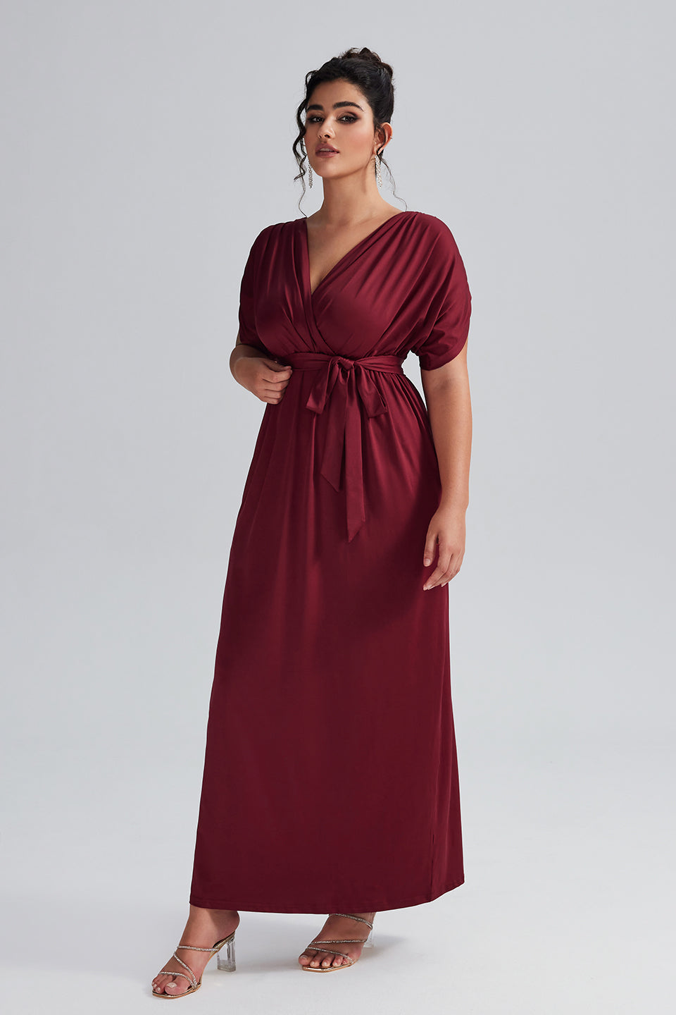 Curveins Plus Size Elastic Waist Shirred V-Neck Wrap Maxi Dress