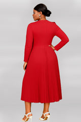 Curveins Plus Size Round-Neck Ruffled Long-Sleeve Elegant Pleated Maxi Dress
