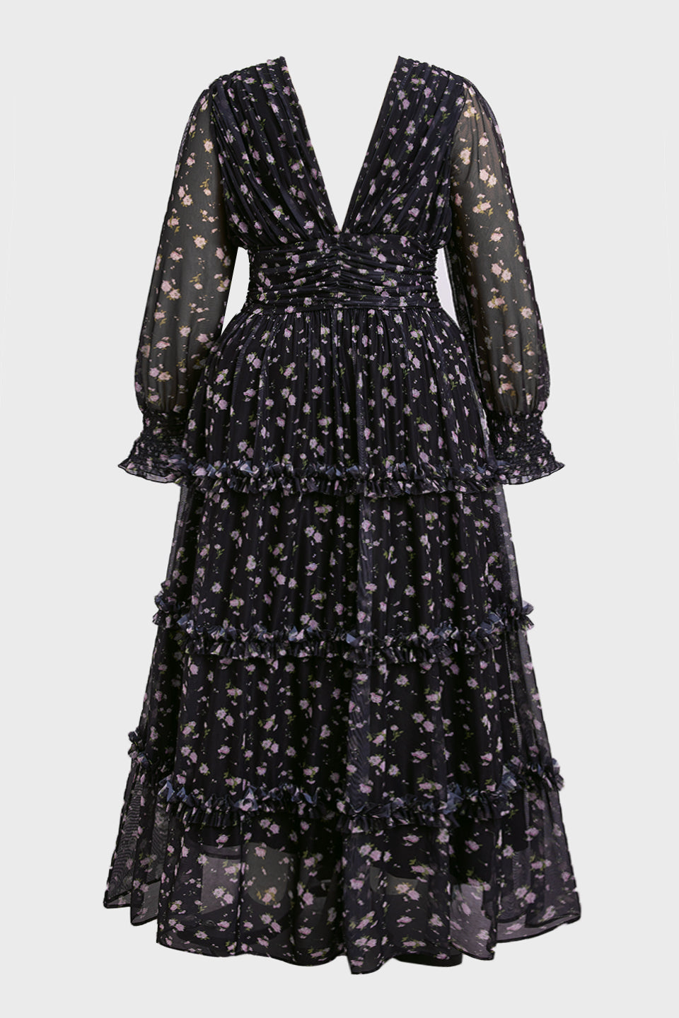 Curveins Plus Size V Neck Long Sleeve Floral Tiered Maxi Dress