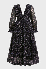 Curveins Plus Size V Neck Long Sleeve Floral Tiered Maxi Dress