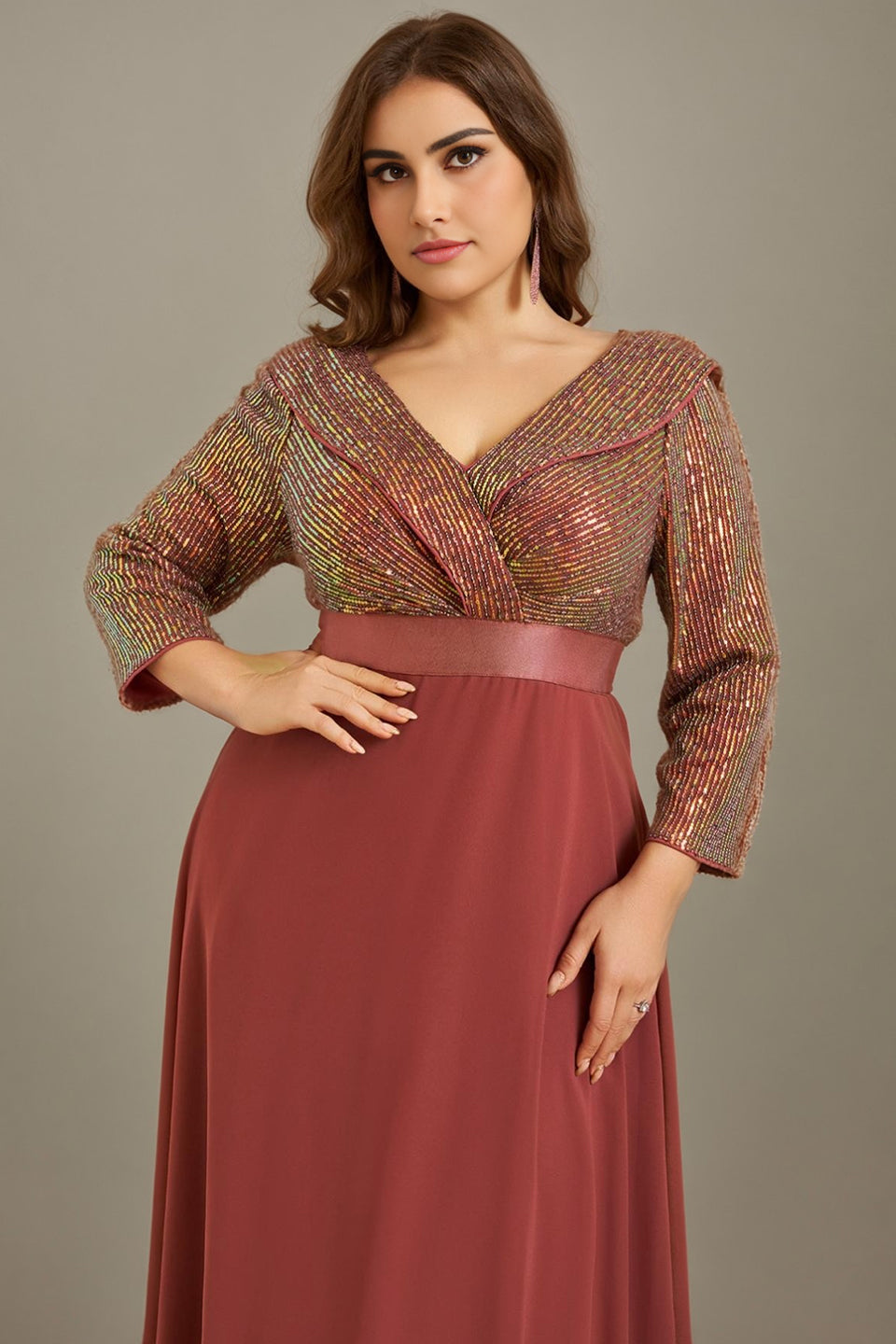 Curveins Plus Size V-Neck Long Sleeve Glitter Patchwork Waist-Fitted Maxi Dress