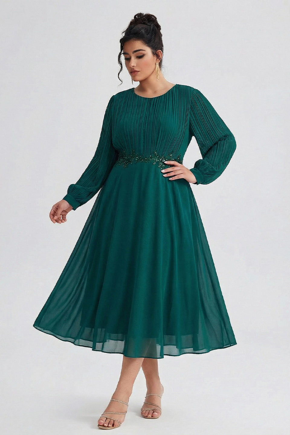 Curveins Plus Size Crew Neck Long Sleeve Pleated Midi Dress