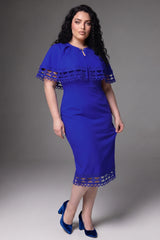 Curveins Plus Size Round Neck Hollow Lace Cape Overlay Bodycon Midi Dress