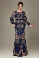 Curveins Plus Size Round Neck Long Sleeve Sequin Fishtail Maxi Dress
