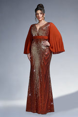 Curveins Plus Size Sparkling V-Neck Batwing Long-Sleeve Curve-Fit Maxi Dress