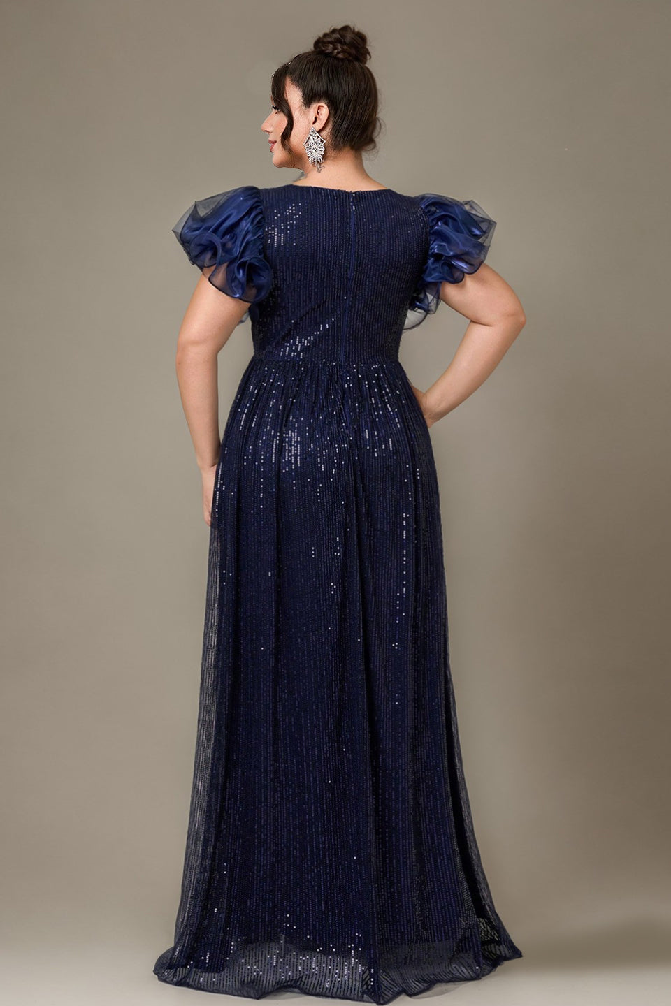 Curveins Plus Size Designer Lace Detail Sequin Short Sleeve Long Dress