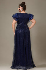 Curveins Plus Size Designer Lace Detail Sequin Short Sleeve Long Dress