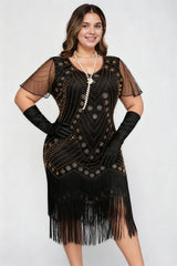 Curveins 1920s Black Stella Plus Size Sequin Fringe Flapper Gatsby Dress