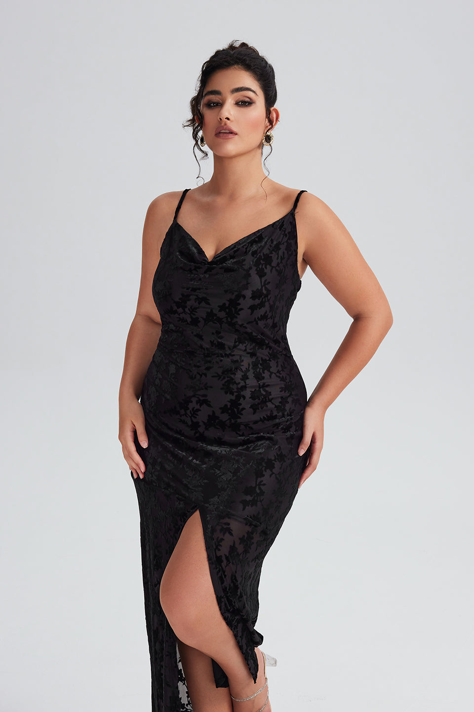 Curveins Plus Size Velvet Halter V-Neck Slit Maxi Dress