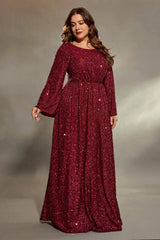 Curveins Plus Size Round Neck Long Sleeve Sequin Maxi Dress with Cinched Waist