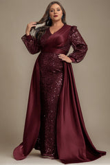 Curveins Plus Size Luxury Satin-Cape V-Neck Sequin Panel Long Sleeve Maxi Dress