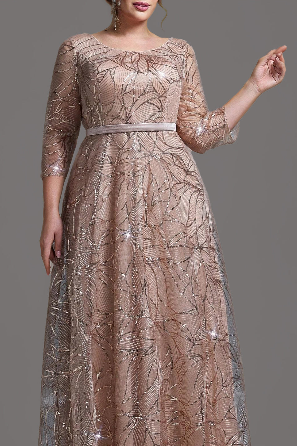 Curveins Plus Size Elegant Round Neck Sequin Floral Waist-Fit Maxi Dress